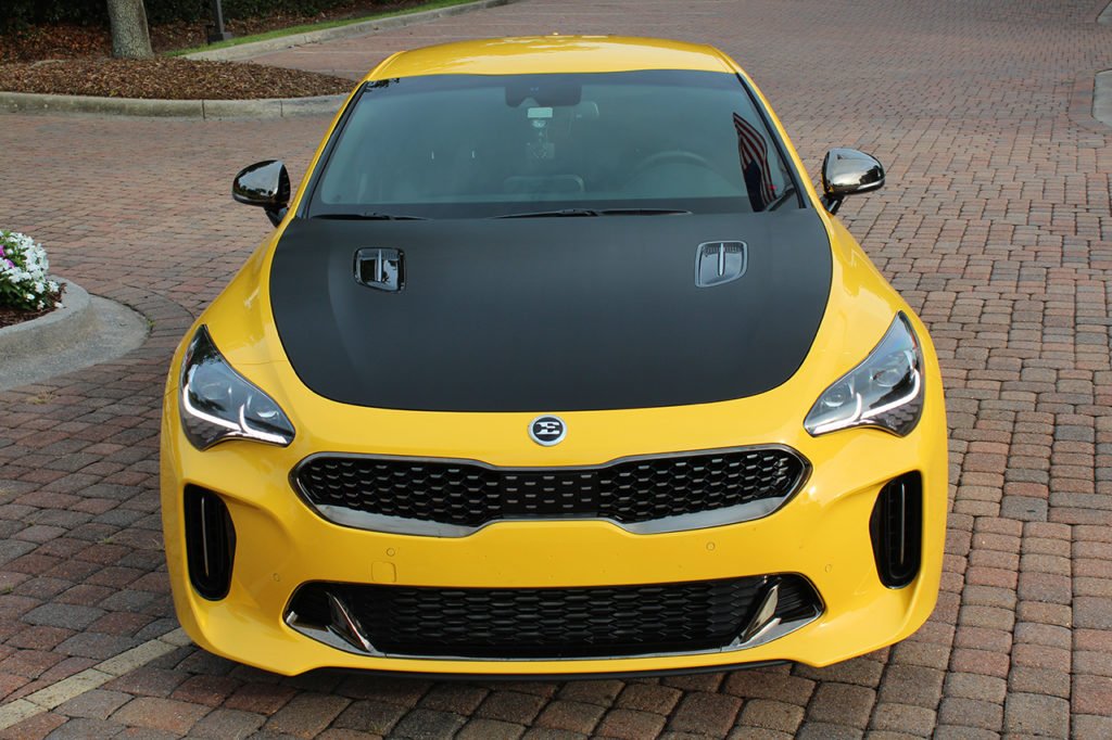 Rear view of Kia Stinger GT with trunk carbon fiber wrap and accent linesKiaStingerHoodWrapCarbonFiber