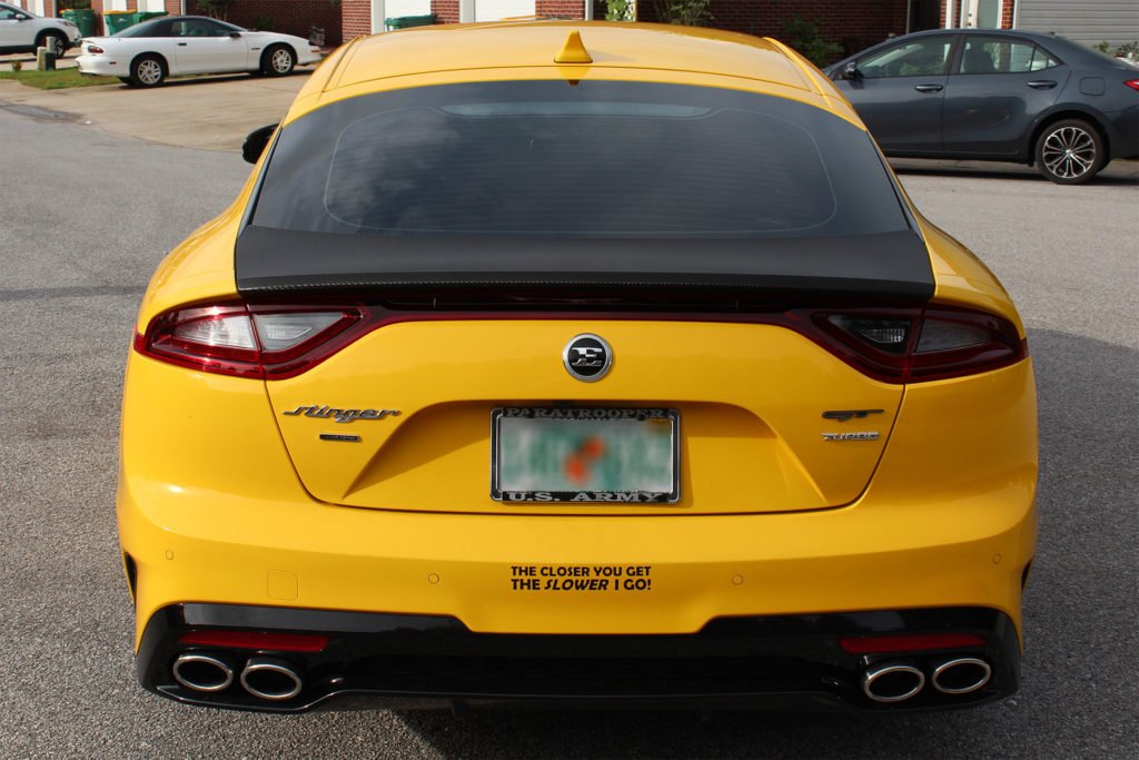 Kia Stinger GT full view with hood and trunk carbon fiber wrapsKia Stinger GT Hood and Trunk Carbon Fiber Wrap – Complete Custom Look