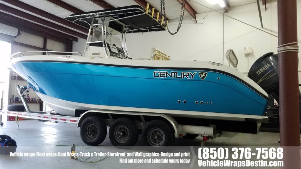 Chrome vinyl accent on blue wrapChrome Vinyl Accent on Metallic Blue Boat Wrapped Century boat