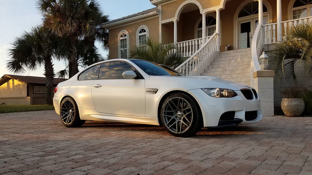 Satin White Pearl BMW M3 vinyl wSatin White Pearl BMW M3 – Precision Vinyl Wrappingrap close-up