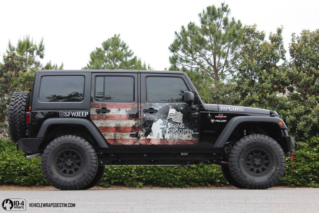 American flag vinyl wrap on Jeep RcHood Wrap Close-Up of Jeep Rubicon with American Flagubicon hood by 10-4 Wraps